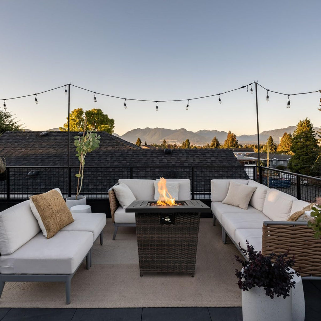 28'' Propane Fire Pit Table, 50,000 BTU Fire Table with Brown Wicker, Laval Rocks, Inclined Leg Design.