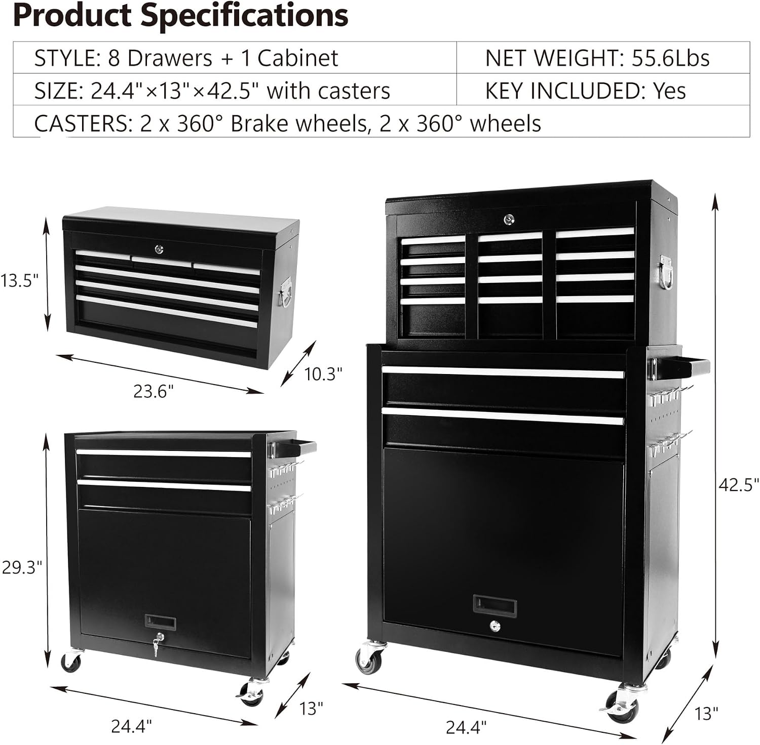 HRVEOCEI Rolling Tool Chest with Drawers, Metal Tool Cabinet on Wheels with Detachable Top Tool Box, 8-Drawer Tool Cart with Adjustable Shelf and Locking Mechanism (8-Drawer Black)