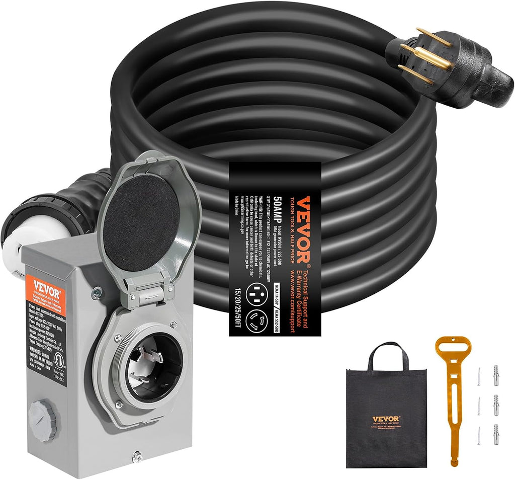 VEVOR 50 Amp Generator Cord and Power Inlet Box Kit, 15FT Generator Extension Cord NEMA 14-50P/SS2-50R STW 6/3+8/1 AWG with Twist Lock Connector, Pre-Drilled Inlet Box, ETL Listed