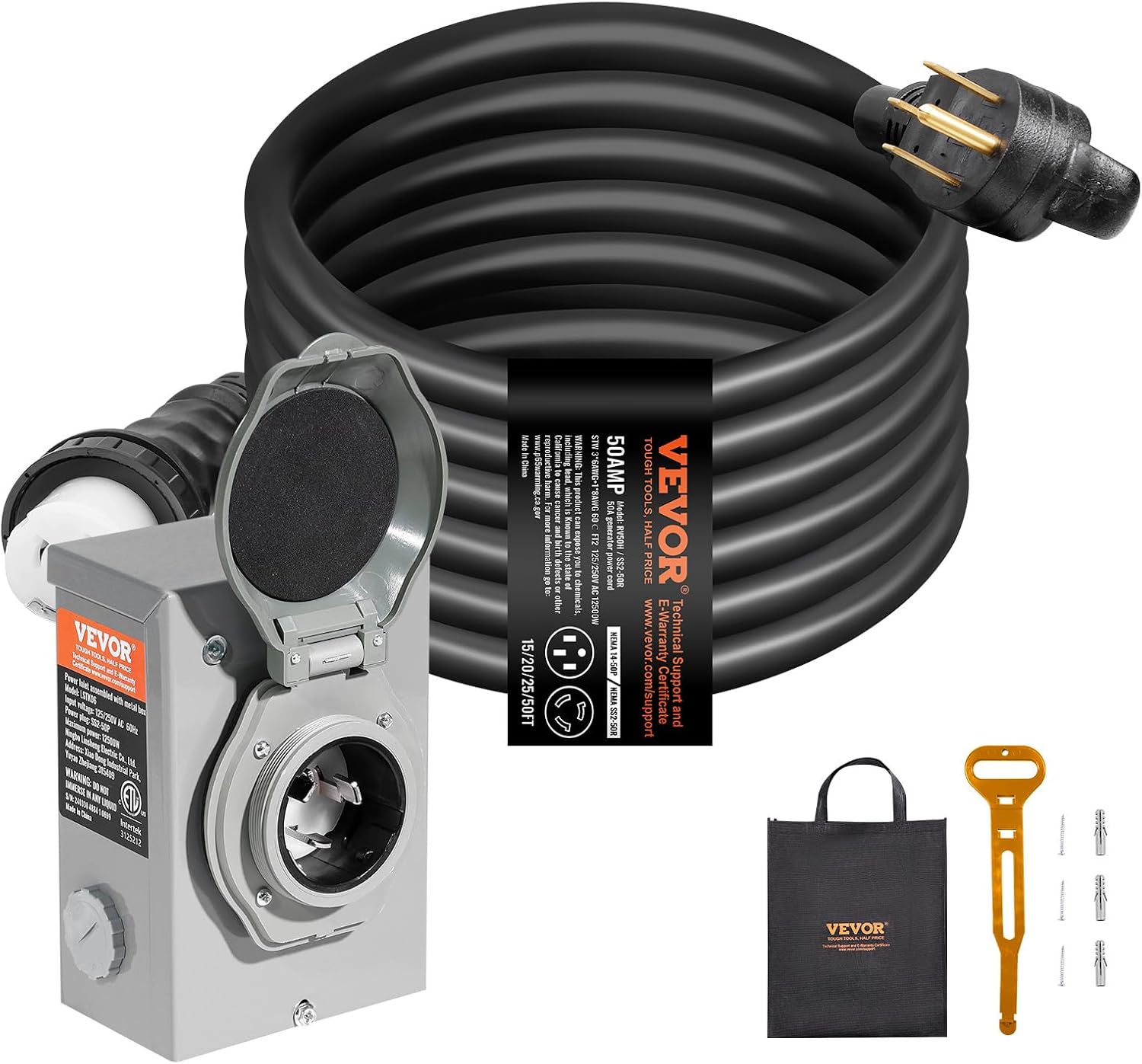 VEVOR 50 Amp Generator Cord and Power Inlet Box Kit, 15FT Generator Extension Cord NEMA 14-50P/SS2-50R STW 6/3+8/1 AWG with Twist Lock Connector, Pre-Drilled Inlet Box, ETL Listed