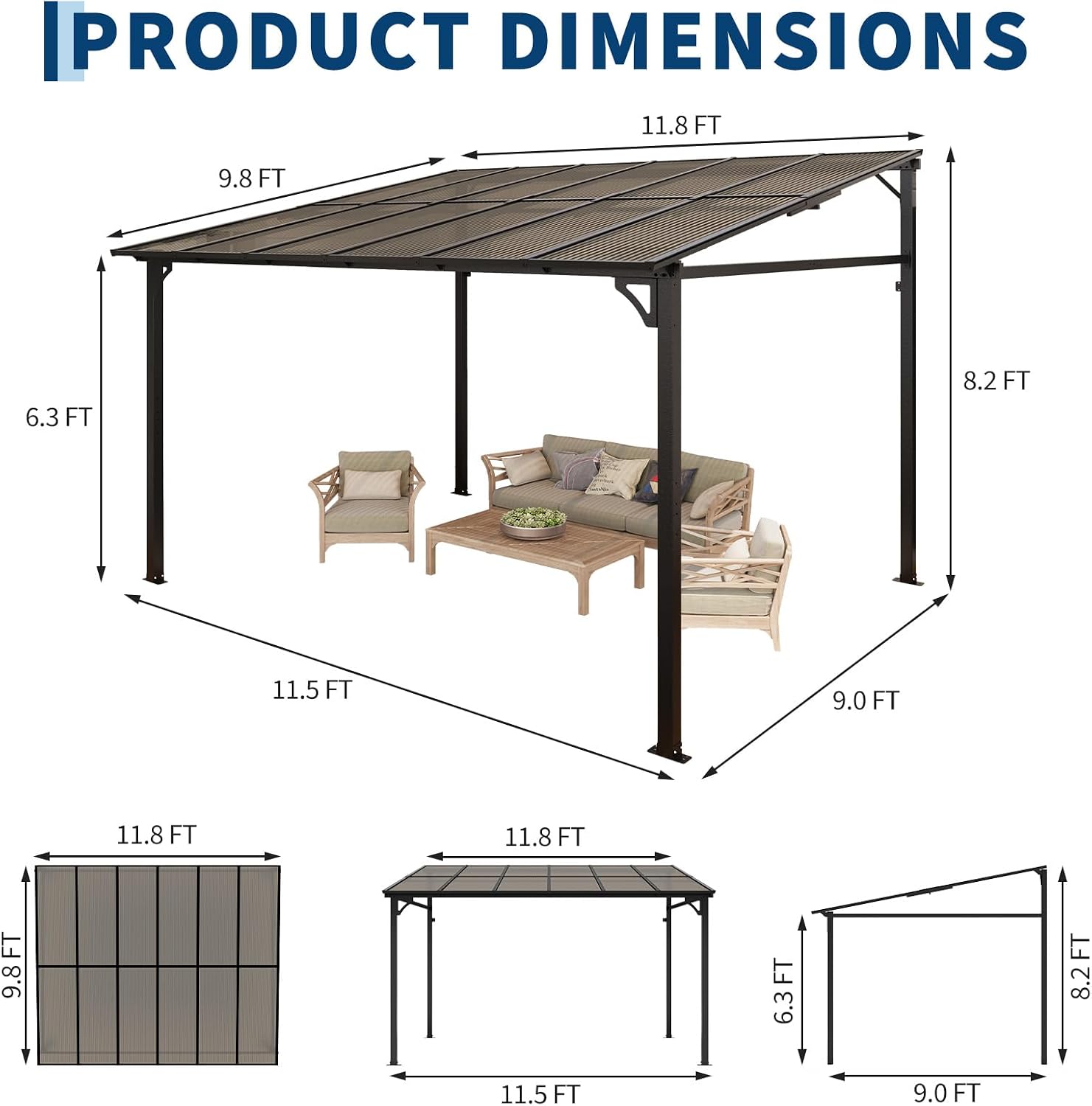 10 Ft x 12 Ft Lean to Gazebo - Hardtop Gazebo Wall Pergola with Polycarbonate Roof, Aluminum Frame Mounted for Lawn, Patio, Deck & Party