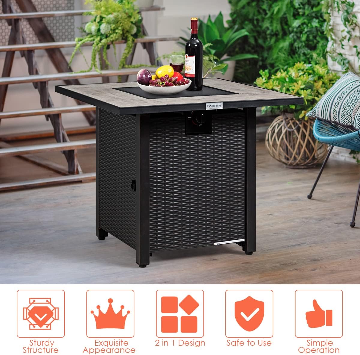 COSTWAY 30' Propane Gas Fire Table, Patio Square Fire Pit Table w/Stainless Steel Burner, 50,000 BTU Heat Output, Elegant Tile Tabletop, PVC Cover Perfect for Poolside, Backyard