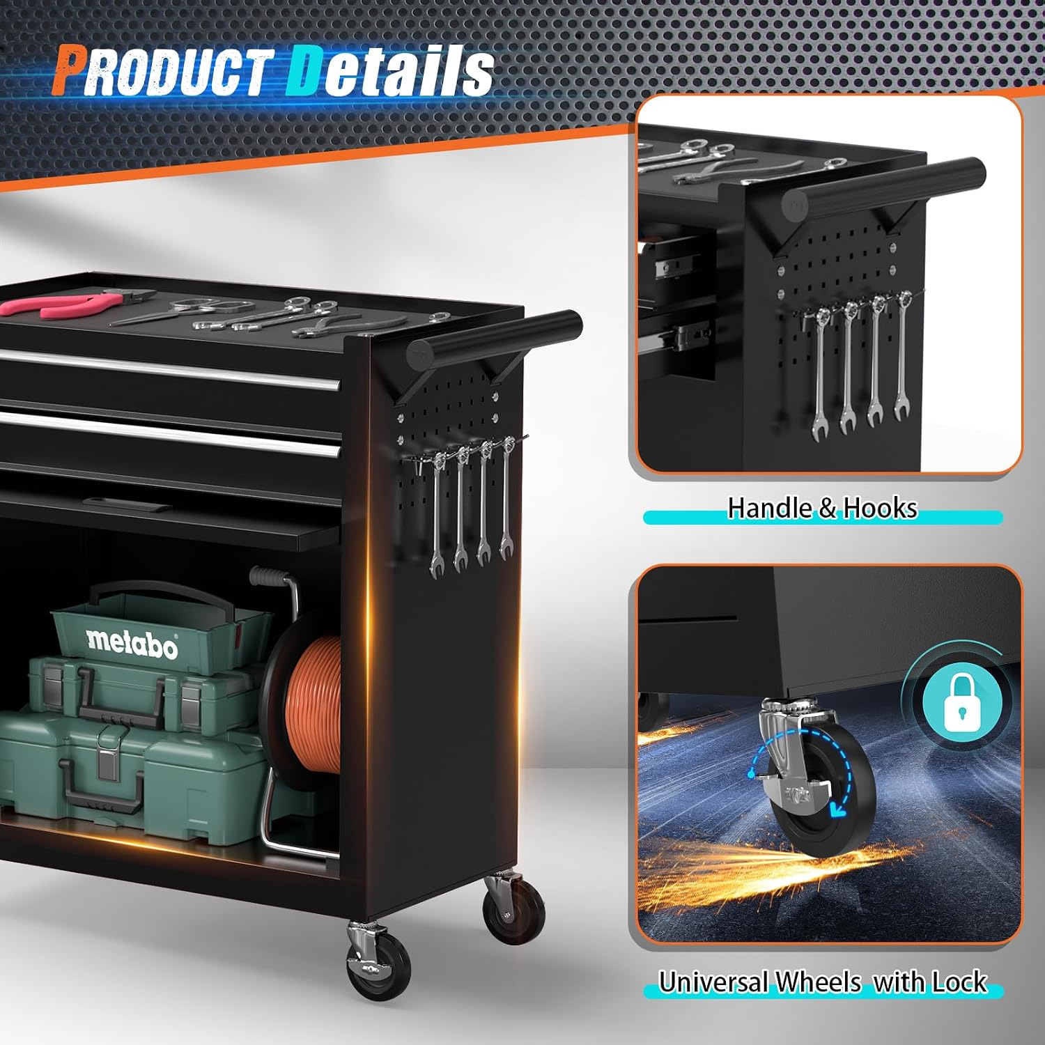8-Drawer Rolling Tool Chest with Wheels, 2-in-1 Detachable Tool Box with Drawers and Large Cabinet, Rolling Tool Chest Storage Cabinet with Lockable for Warehouse, Garage, Workshop (Black)