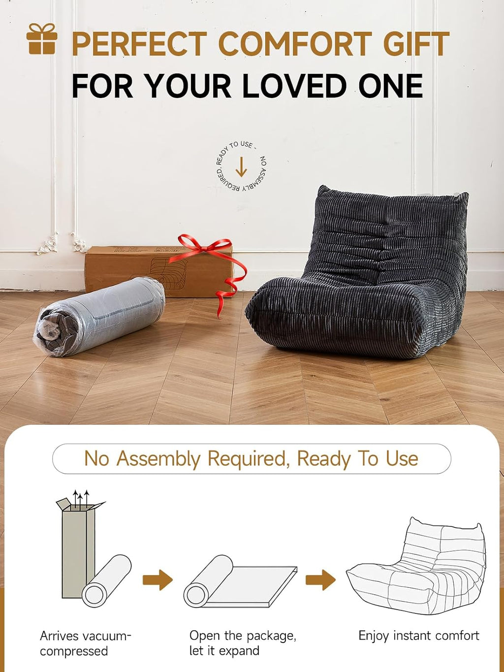 ZCUBED Large Bean Bag Chairs for Adults, Memory Foam Lounge Chair, Soft Corduroy Big Bean Bag Chair Lazy Sofa, Comfy Floor Beanbag Chair Single Sofa for Bedroom Living Room Fireside Book Nook, Grey