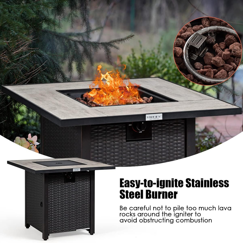 COSTWAY 30' Propane Gas Fire Table, Patio Square Fire Pit Table w/Stainless Steel Burner, 50,000 BTU Heat Output, Elegant Tile Tabletop, PVC Cover Perfect for Poolside, Backyard