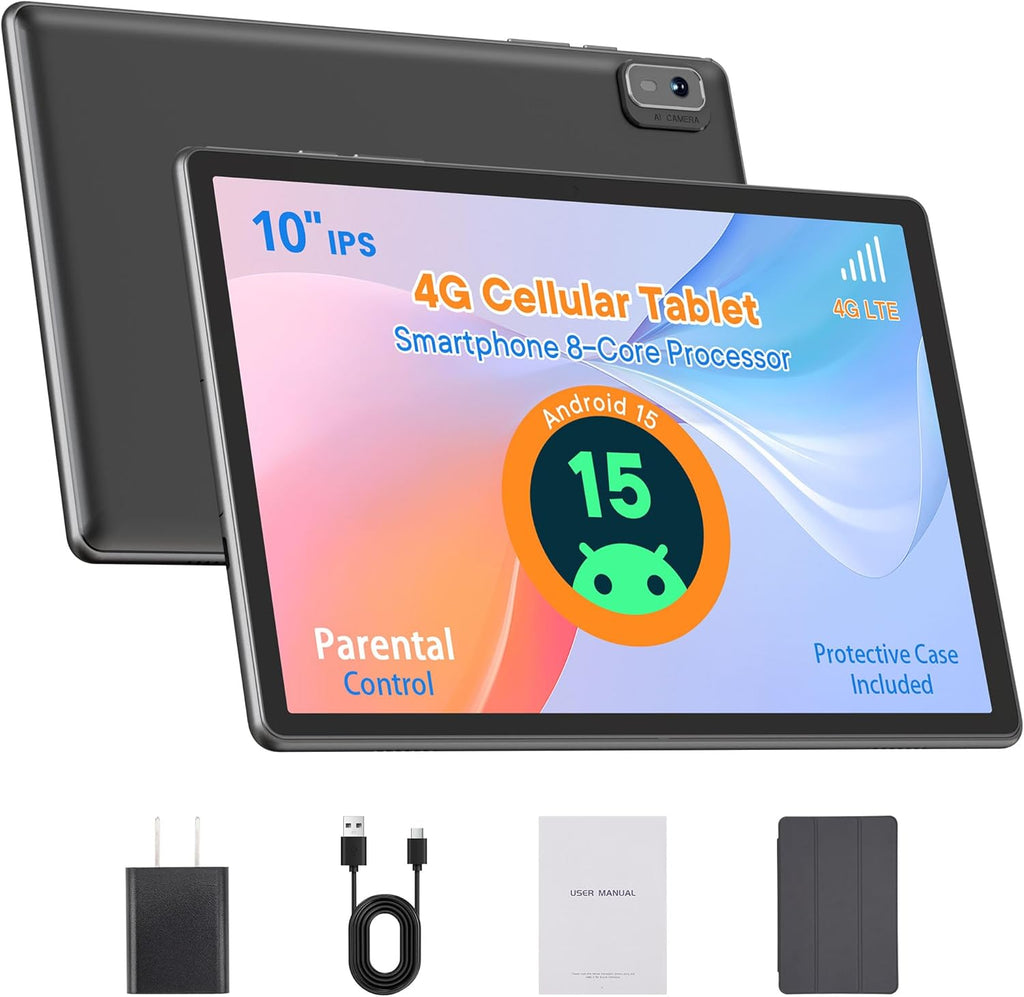 10-Inch Android 15 Tablet, 4G LTE Unlocked with SIM Card Slot, MediaTek G80 Octa-Core, 12GB(4+8GB) RAM, 64GB ROM(2TB TF), 5G Dual-Band WiFi, 6000mAh Battery, GPS, Premium Case & Parental Control，Black