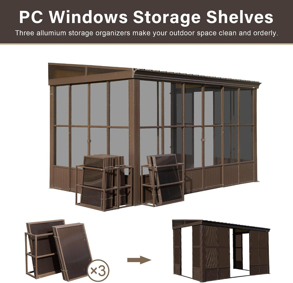 Domi 8x12FT Sun Room, Wall Mounted Gazebo Solarium with Galvanized Steel Sloping Roof, Moveable PC Screen, Front Door & 2 Side Entrance, Outdoor Aluminum Lean-to Sunroom for Patio Deck