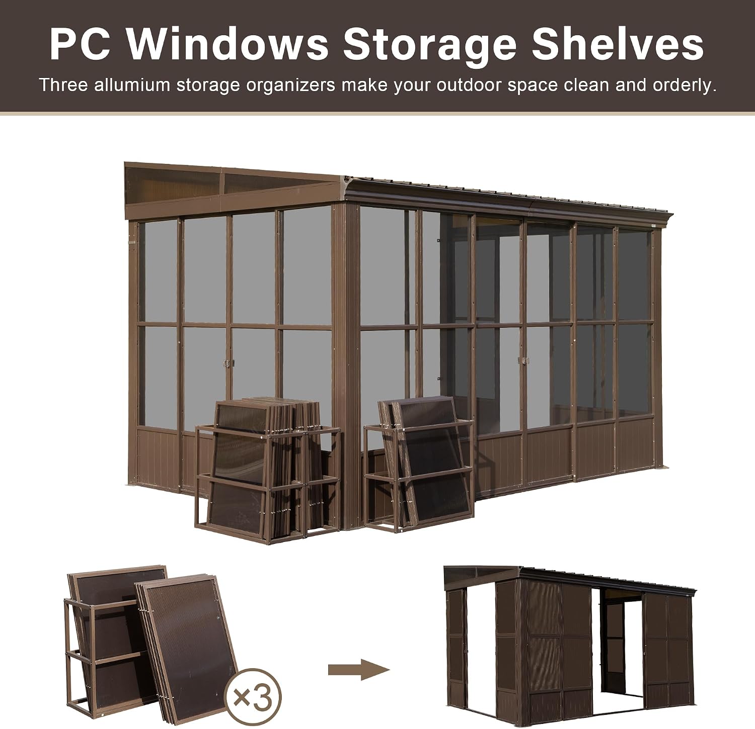 Domi 8x12FT Sun Room, Wall Mounted Gazebo Solarium with Galvanized Steel Sloping Roof, Moveable PC Screen, Front Door & 2 Side Entrance, Outdoor Aluminum Lean-to Sunroom for Patio Deck