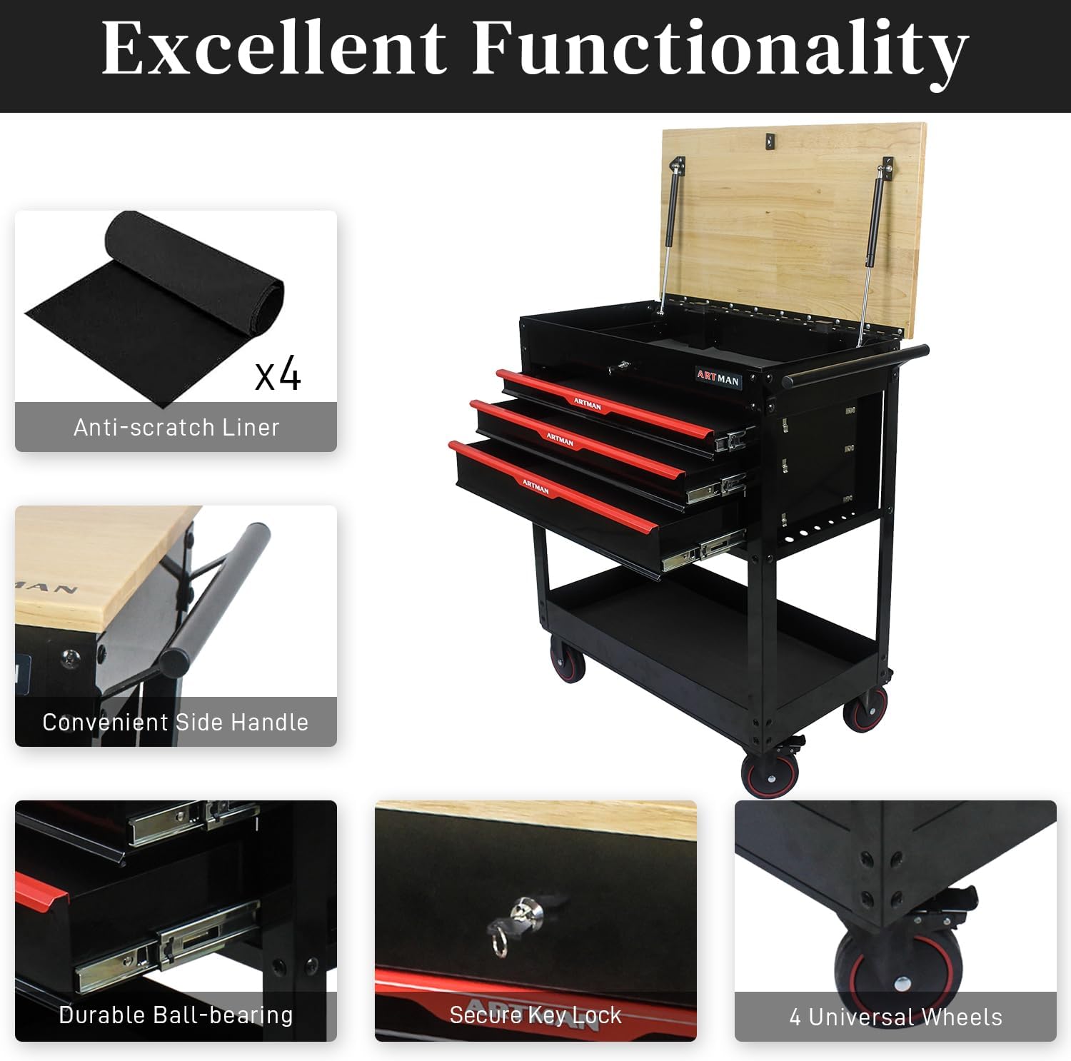 Rolling Tool Cart with 3-Drawer Utility Tool Box with Wheels Wood Top Mechanic Tool Storage Organizer Cabinet for Garage, Warehouse, Workshop, Repair Shop - Red