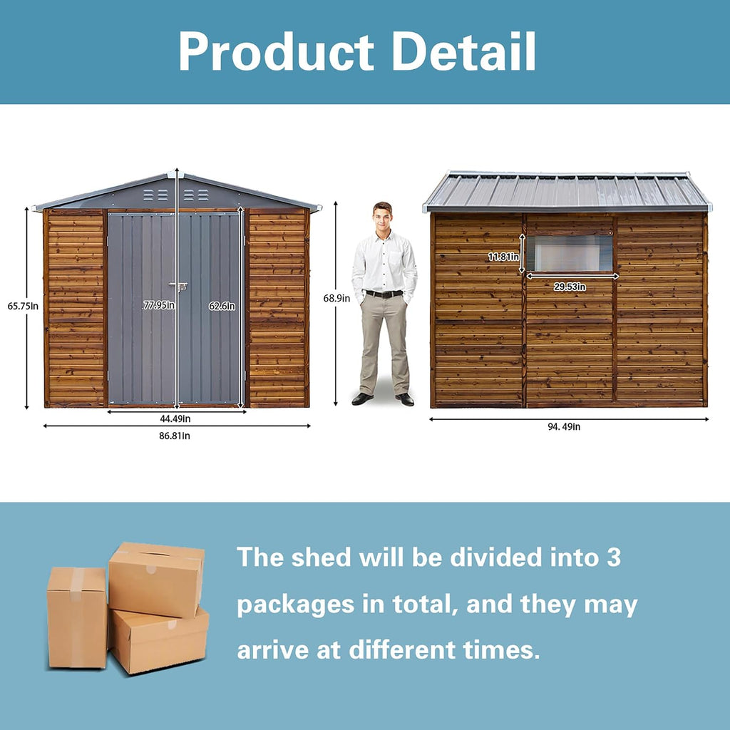 8x8 FT Outdoor Tool Shed, Wood-Iron Combination Storage Shed with Ventilation, Weather-Resistant Roof, Lockable Doors & Wood Grain Finish for Backyard and Garden