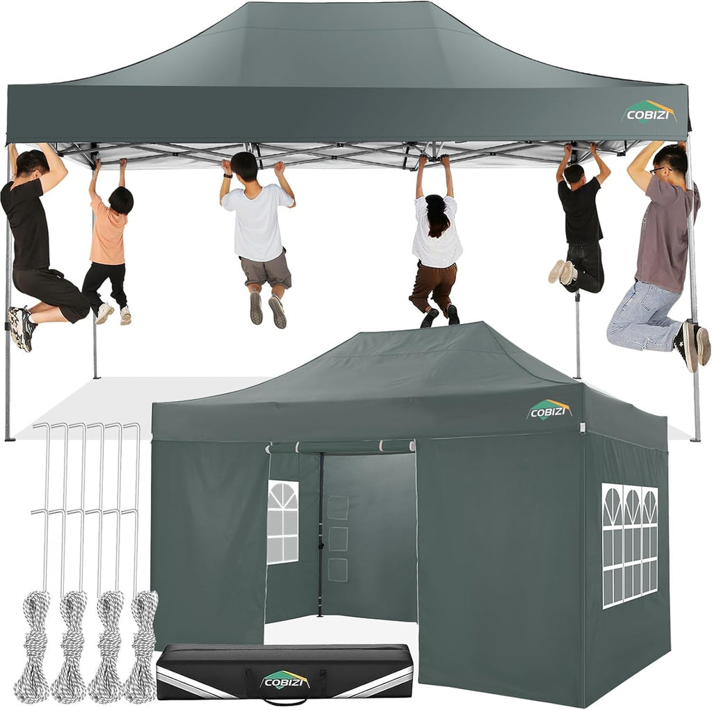 COBIZI 10x15 Pop up Canopy Tent 10x15 Canopy with 4 Sidewalls Waterproof Heavy Duty Commercial Canopy for Parties Outdoor Garden Gazebo Tent, Carry Bag(10x15ft, Gray)