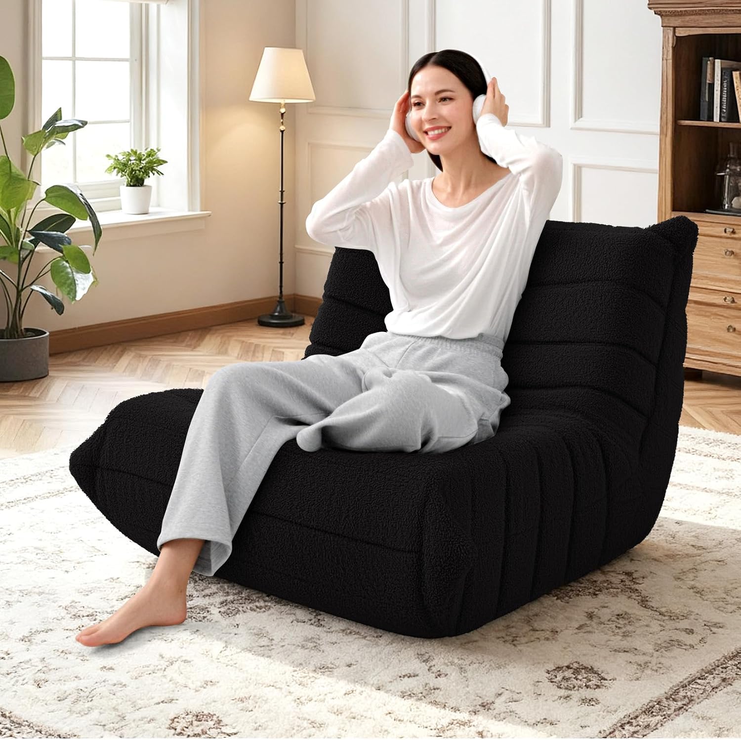 HABUTWAY Bean Bag Chairs Fireside Lazy Floor Sofa, Soft Teddy Fleece Bean Bag Sofa with High-Resilience Foam Filling，Beanbag for Living Room, Bedroom, Office (Black Teddy)