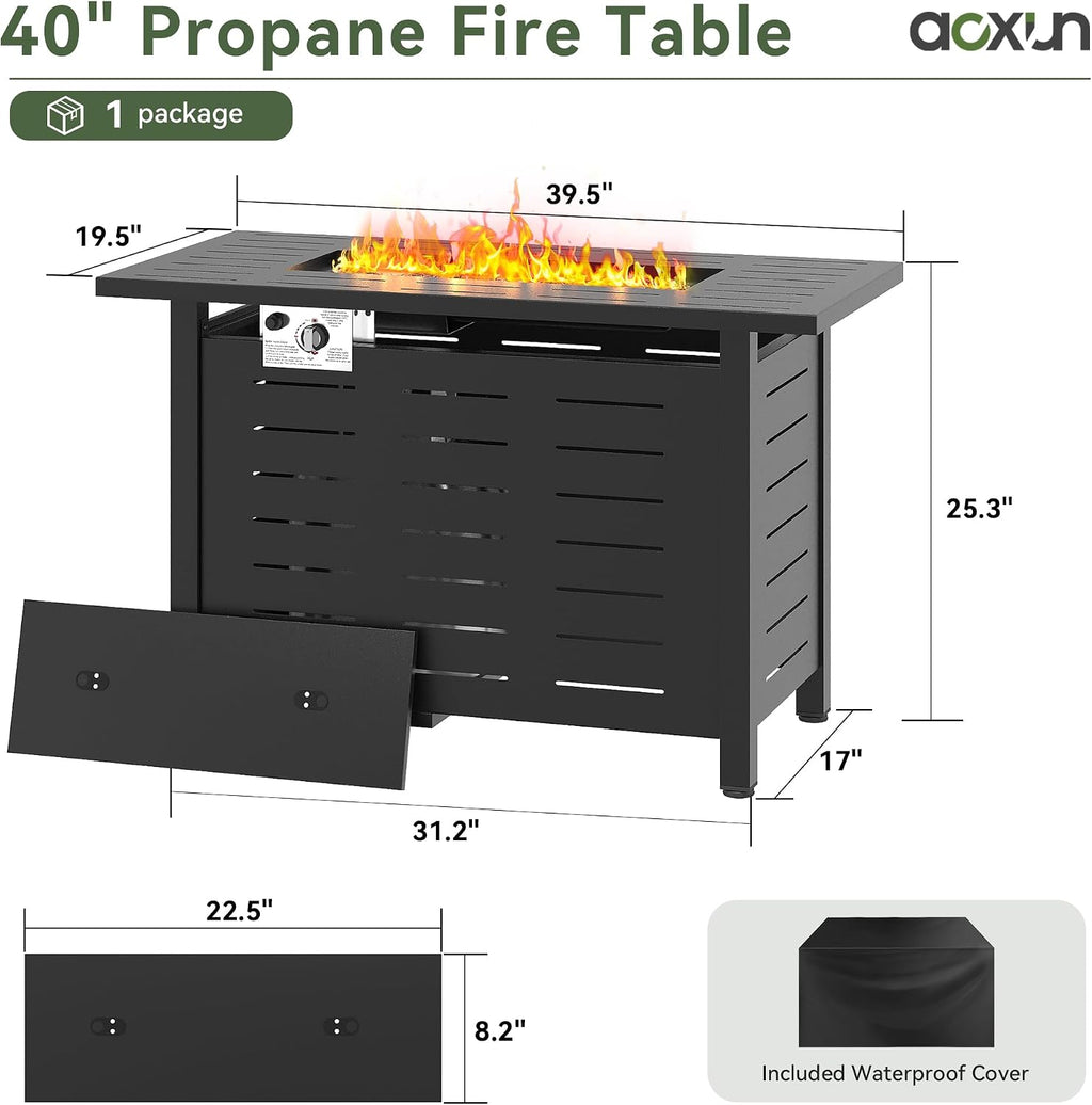 Aoxun 40 Inch Outdoor Propane Fire Pit - 50,000 BTU Gas Fire Pit Table with Lava Rocks, Patio Heater Rectangle Fire Table with Removable Lid & Waterproof Cover for Deck, Backyard, Garden, Black