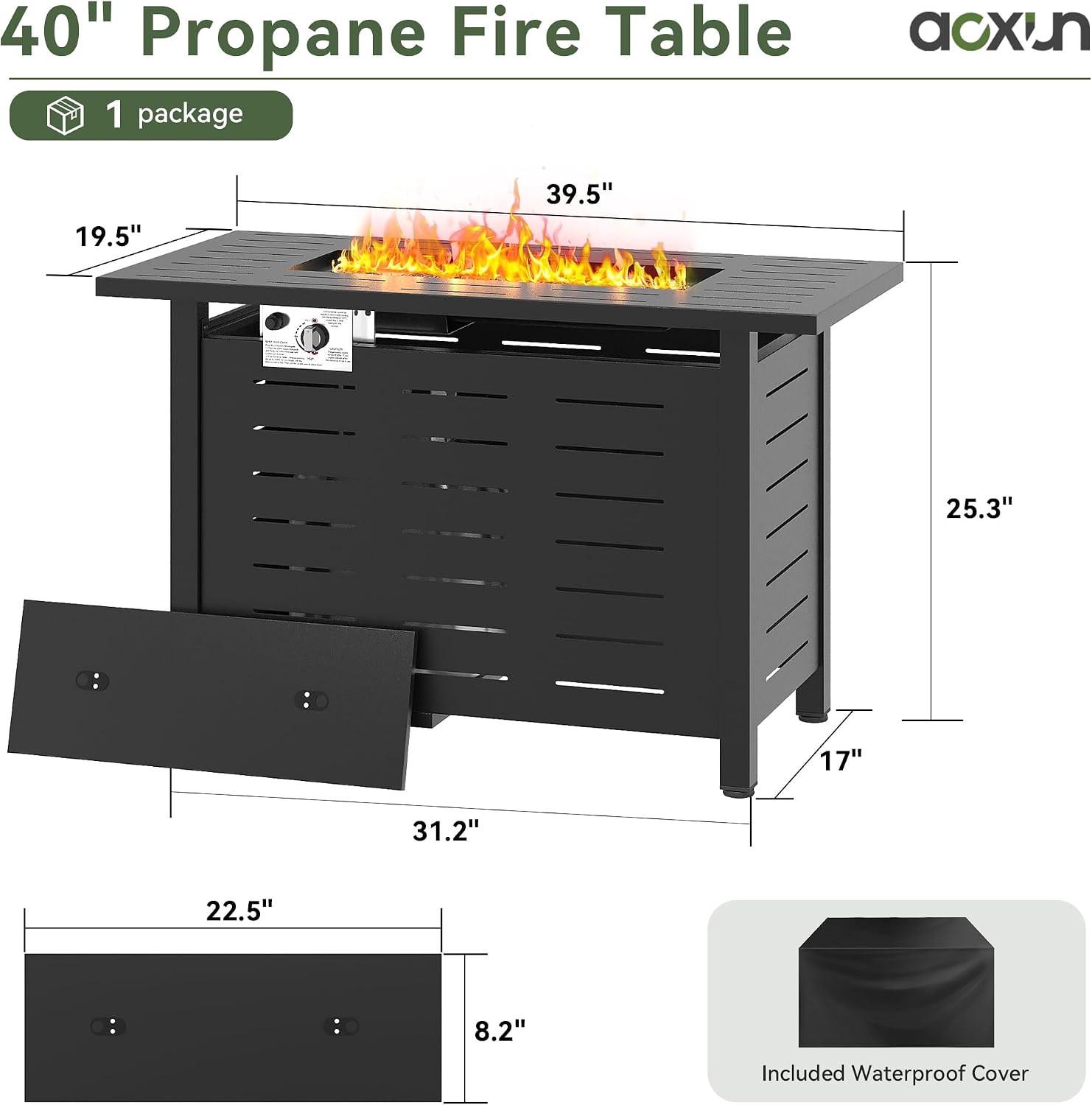 Aoxun 40 Inch Outdoor Propane Fire Pit - 50,000 BTU Gas Fire Pit Table with Lava Rocks, Patio Heater Rectangle Fire Table with Removable Lid & Waterproof Cover for Deck, Backyard, Garden, Black