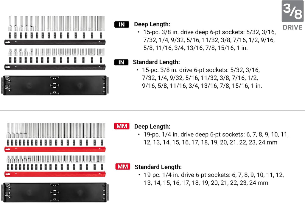 TEKTON 1/4, 3/8, 1/2 Inch Drive 6-Point Socket Set with Rails and Trays (214-Piece) | SHD99202