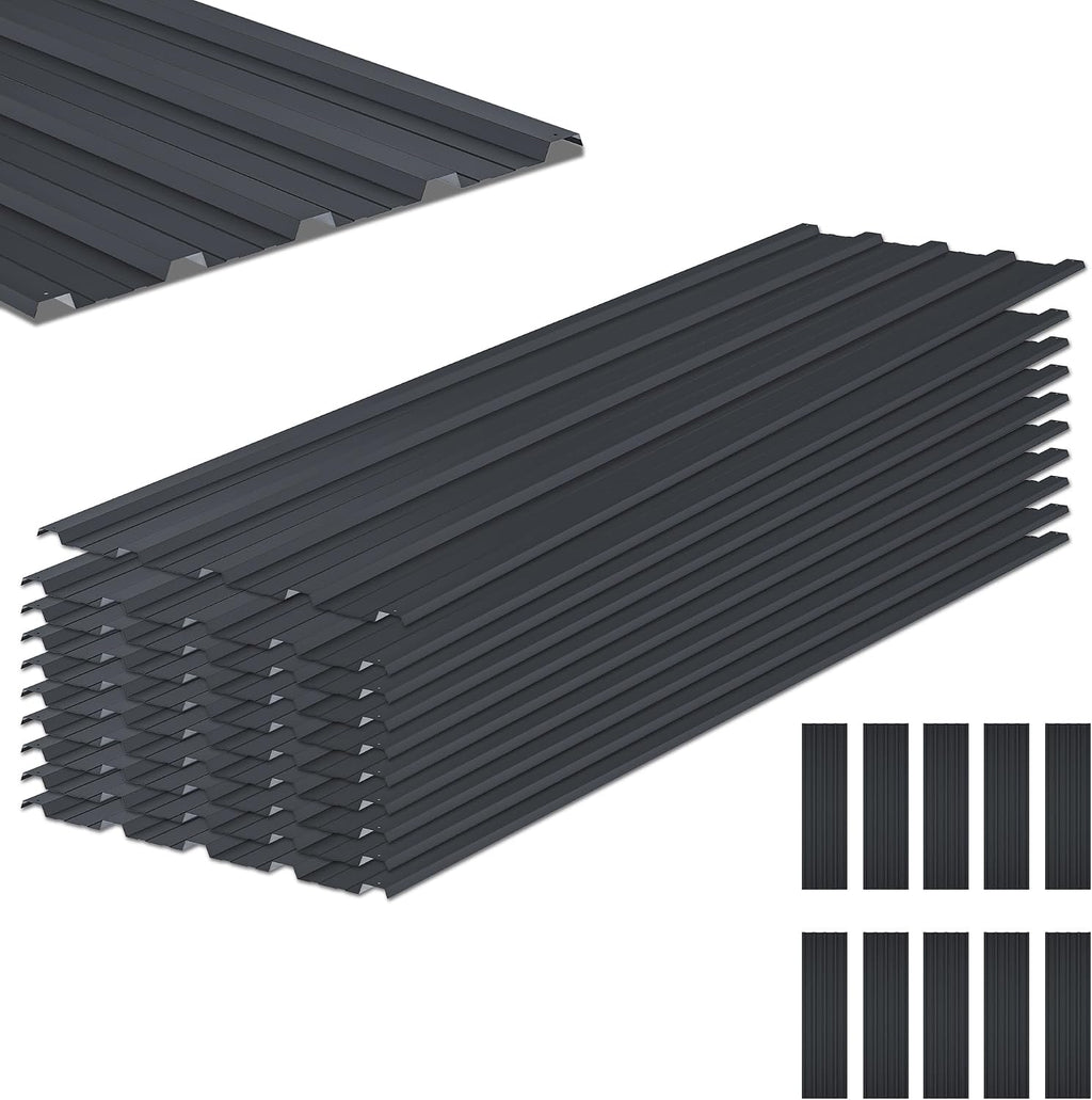 Metal Roof Panels 10Pcs Roofing Panels Galvanized Steel with Screw Resistant,Versatile and Durable Suitable for Garages,Sheds, Stables and Mobile Homes Black 70 sq.ft