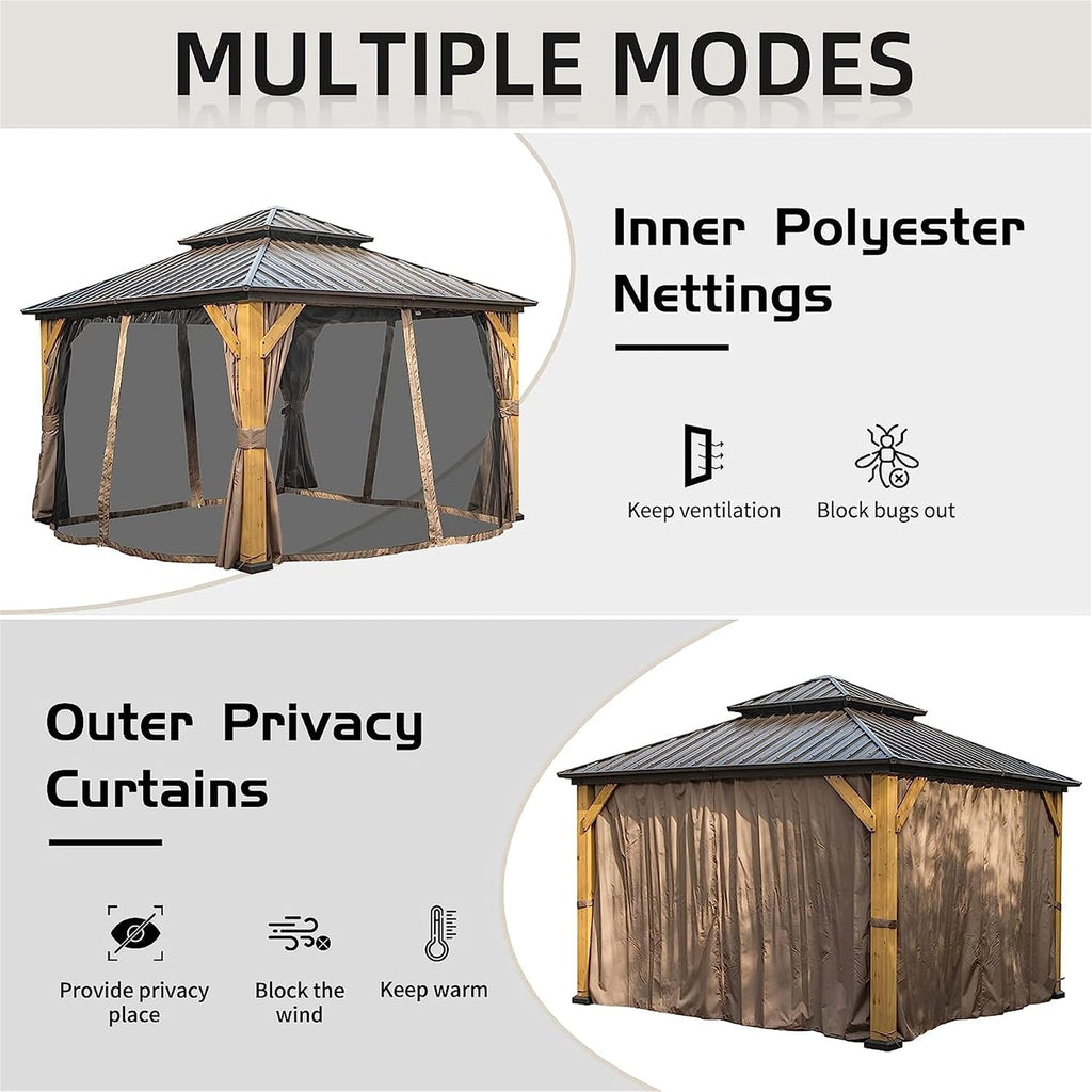 12x12Ft Hardtop Gazebo Wood Gazebo Outdoor Cedar Wood Frame with Galvanized Steel Double Roof Outdoor Permanent Metal Pavilion with Curtains and Netting for Patio Backyard Lawn, Brown