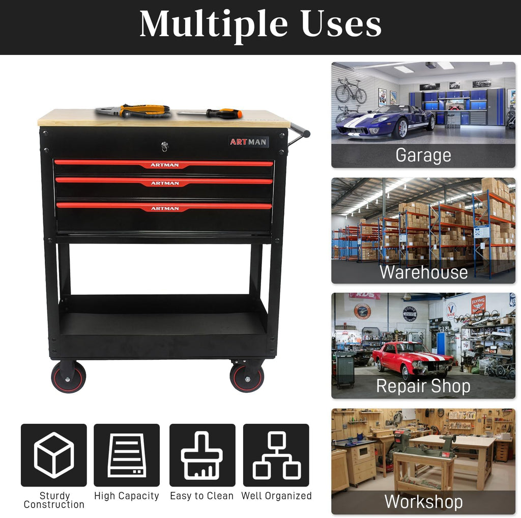 Rolling Tool Cart with 3-Drawer Utility Tool Box with Wheels Wood Top Mechanic Tool Storage Organizer Cabinet for Garage, Warehouse, Workshop, Repair Shop - Red