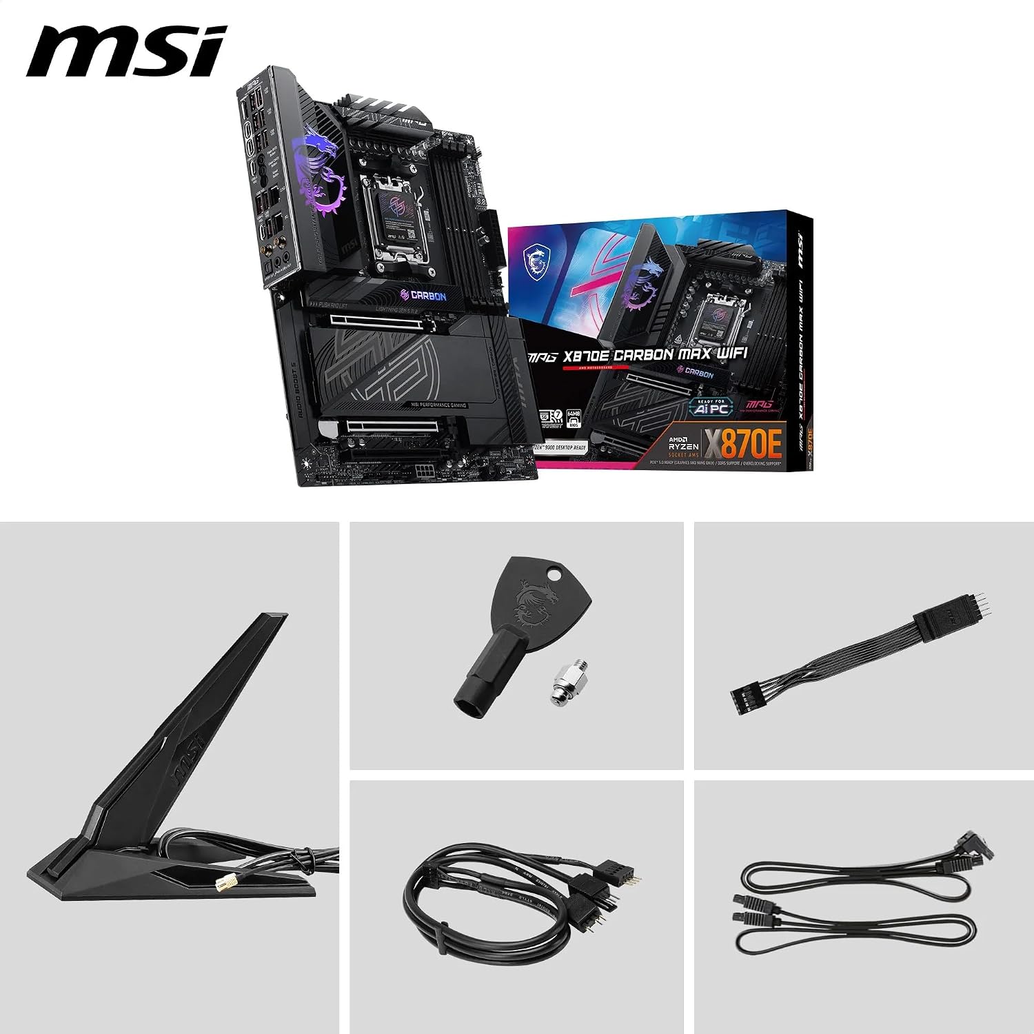 MSI MPG X870E Carbon MAX WiFi Motherboard, ATX - Supports AMD Ryzen 9000/8000 / 7000 Processors, AM5-64MB BIOS ROM, 110A SPS VRM, DDR5 Memory Boost 8400+MT/s (OC), PCIe 5.0 x16, M.2 Gen5
