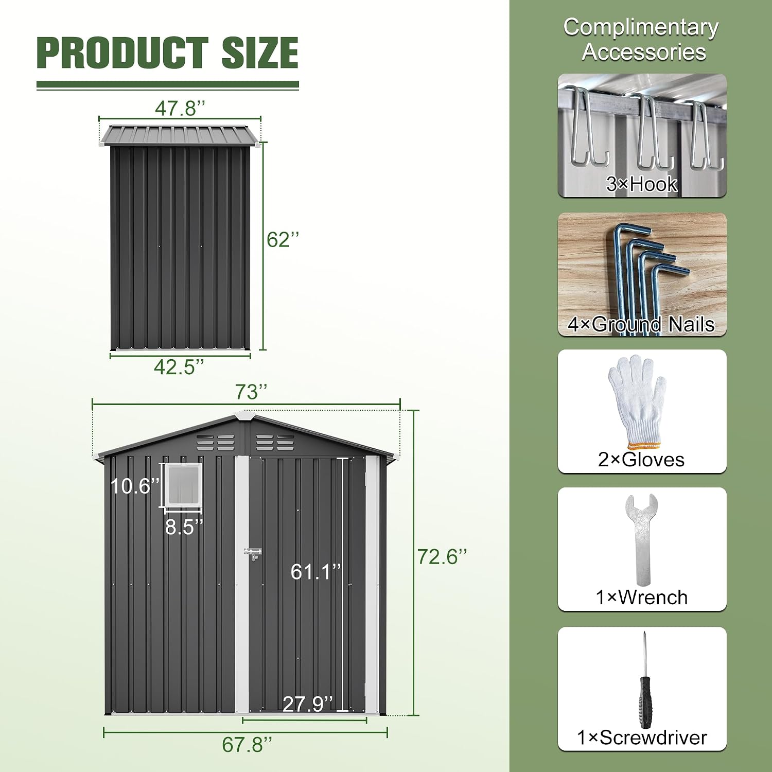 6x4 FT Shed Outdoor Storage Metal Large Garden Tool Sheds with Lockable Doors Gable Roof Window Waterproof Utility Equipment Sheds for Backyard Patio Lawn, Grey (No Floor Frame)