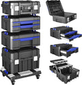 4 Tier Stackable Rolling Tool Box with Wheels | Modular Tool Organizer Box Storage System | Portable Tool Box with Drawers | Tough and Durable | for Garage Storage | Home Repairs | Professional Work