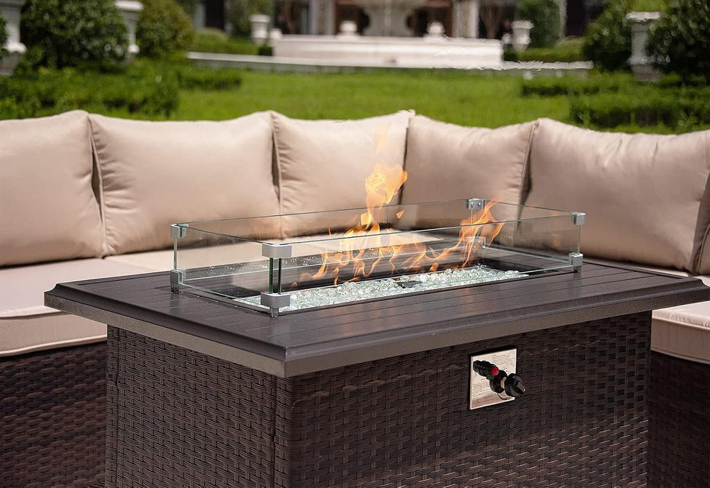 43' Wicker Outdoor Propane Gas Fire Pit Table with Rectangle Fire Pit Lid,55000 BTU Auto-Ignition Table Fire Pit w/Glass Wind Guard, Glass Rock for Outdoor,ETL Certified