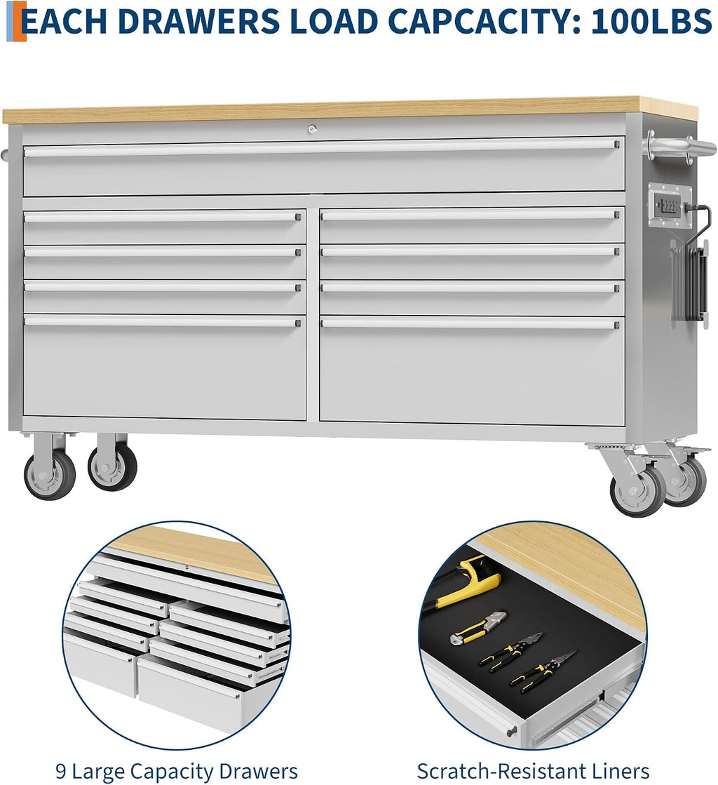 IDEALHOUSE 61 inch Rolling Tool Chest, Garage Workbench with 9 Drawers, Solid Rubber Wood Top & with Wheels Lock Key Locking, Mobile Workstation Tool Cabinet for Workshop Storage