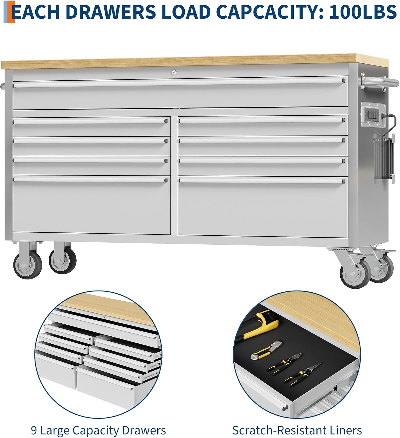 IDEALHOUSE 61 inch Rolling Tool Chest, Garage Workbench with 9 Drawers, Solid Rubber Wood Top & with Wheels Lock Key Locking, Mobile Workstation Tool Cabinet for Workshop Storage
