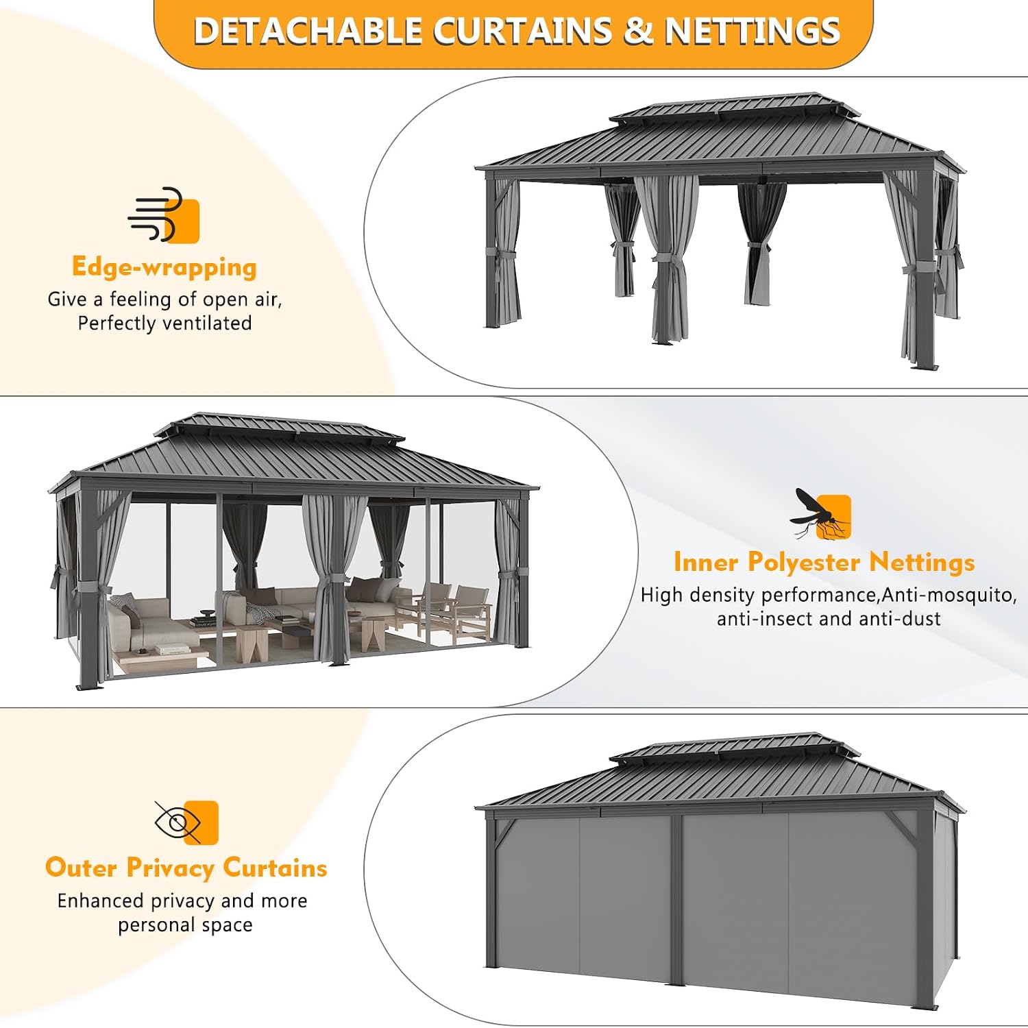 Hardtop 12 X 20FT, Galvanized Steel Dual-Layer Top, Aluminum Metal Gazebo with Netting and Curtains, Permanent Gazebo Pavilion for Party