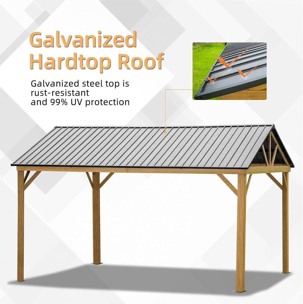 Domi 12'x14' Hardtop Gazebo Outdoor Aluminum Gazebo with Galvanized Steel Gable Roof for Lawn and Garden(Wood-Looking)