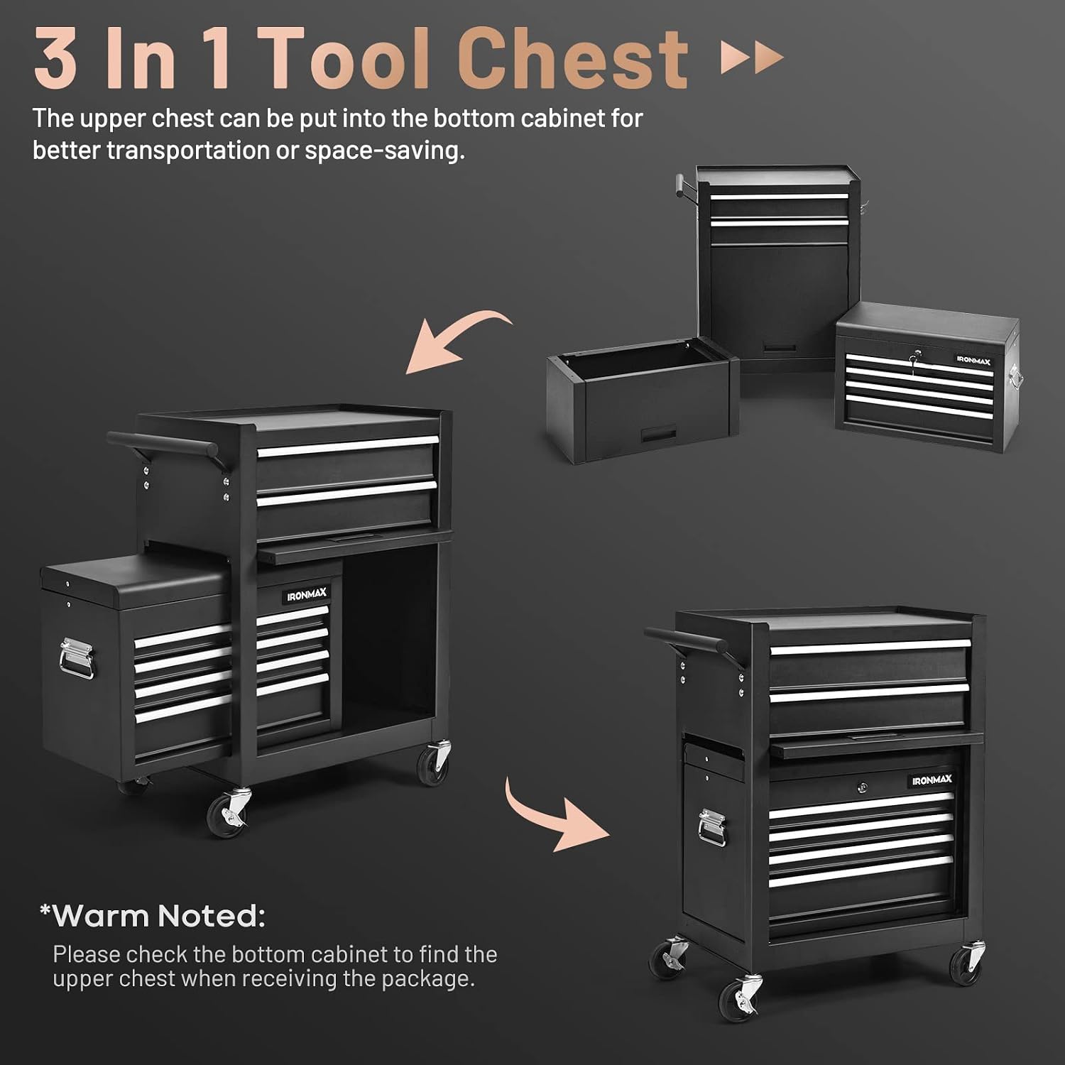 ERGOMASTER Rolling Tool Chest - Removable Top Box Large Bottom Cabinet with Casters and Lock System Tool-Box - Heighten 6-Drawer Black