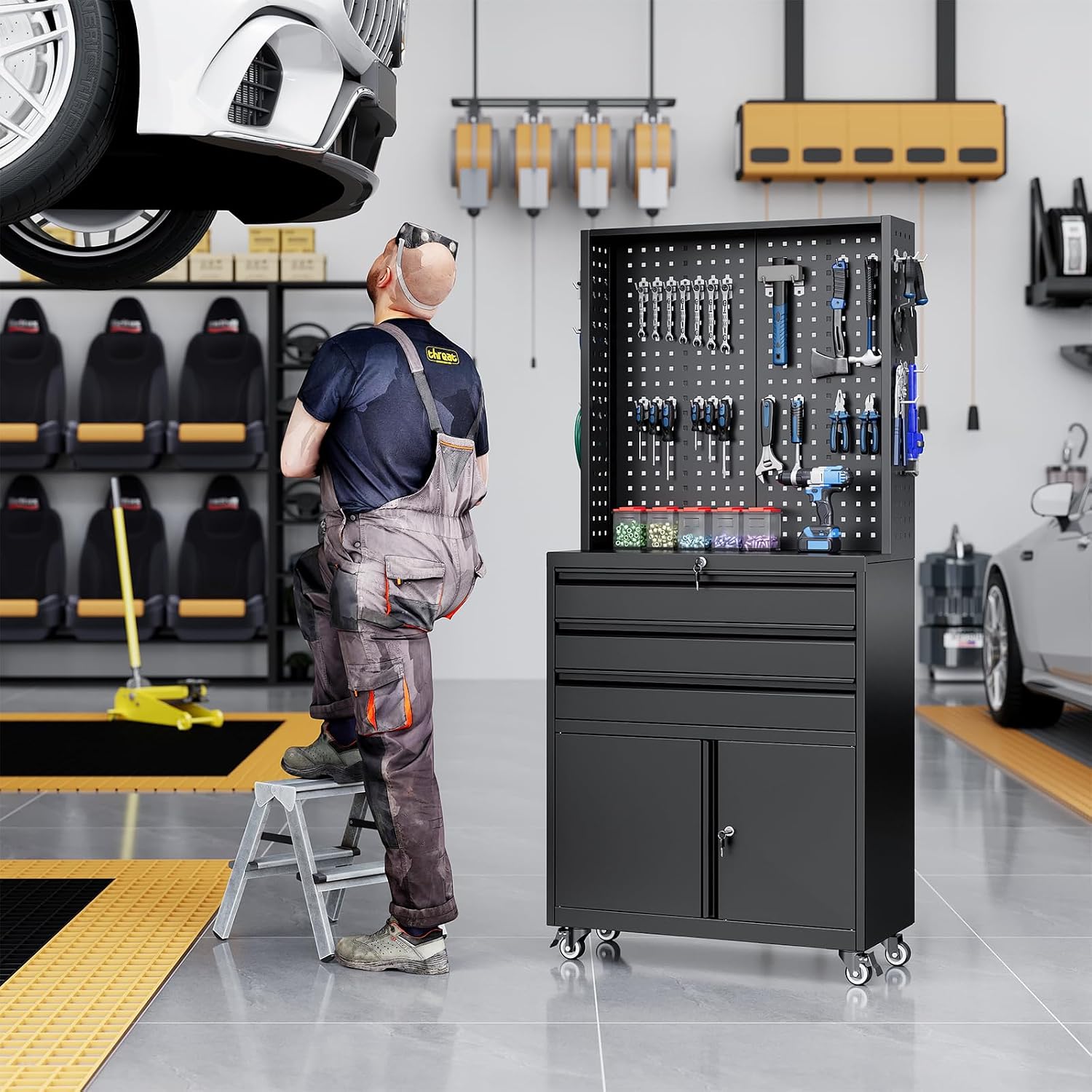 Yizosh Metal Garage Storage Cabinet with Wheels,3-Drawer Rolling Tool Cabinet with 2 Door and Adjustable Shelves,- 71' Steel Tool Cabinet for Warehouse,Garage,Workshop