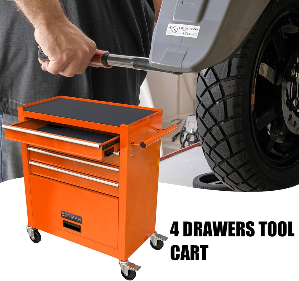 4-Drawer Heavy-Duty Rolling Tool Chest with Wheels, Steel Storage Organizer Cart with Handle, Metal Tool Cabinet for Garage, Workshop, and Repair Shop