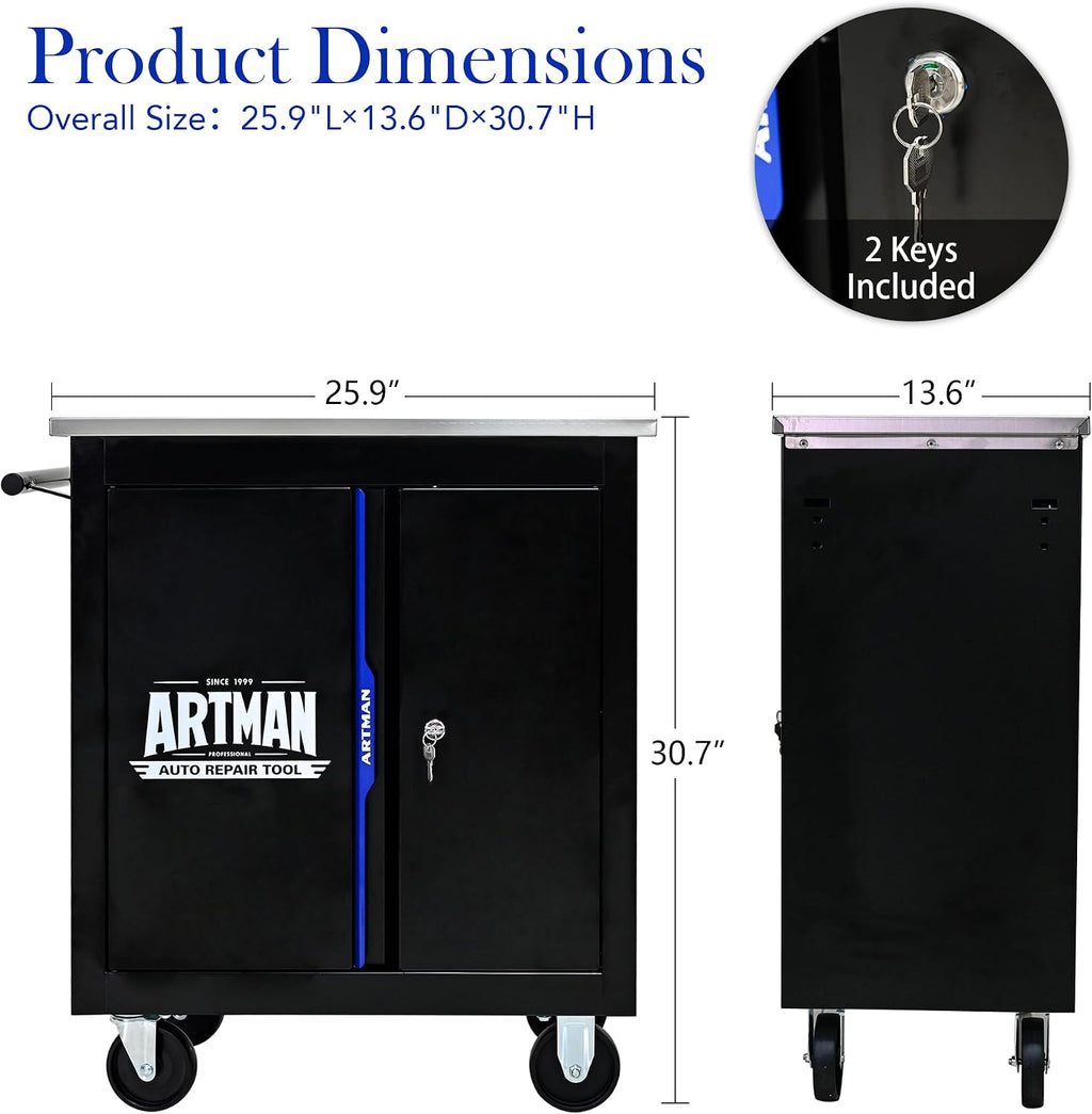 2-Door 2-Shelf Rolling Tool Chest with Stainless Steel Countertop,Tool Chest with Secure Locking System,Mobile Storage Tool Cabinet with 360°Wheels and Padded Feet,for Home,Garage(Black+Blue)