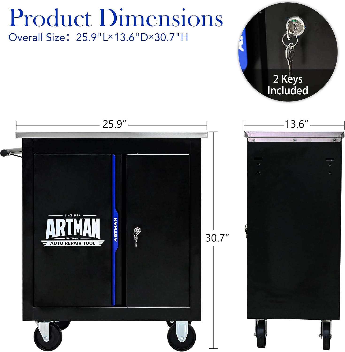 2-Door 2-Shelf Rolling Tool Chest with Stainless Steel Countertop,Tool Chest with Secure Locking System,Mobile Storage Tool Cabinet with 360°Wheels and Padded Feet,for Home,Garage(Black+Blue)