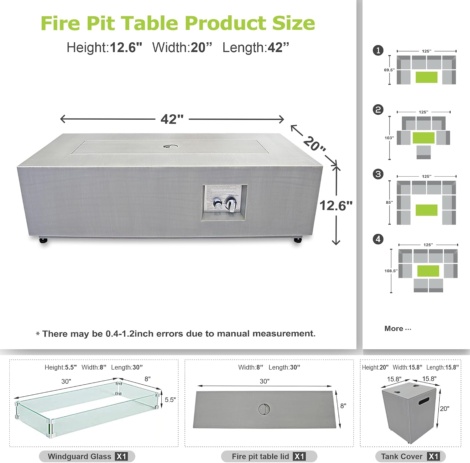 Dineli 2-Piece Outdoor Propane Fire Pit Table Set w Tank Table 42'' Rectangular Firepit Gas Fire Pits for Outside Patio Table Fire Pit w LED, 50,000 BTU (Light Gray, with RGB Light)