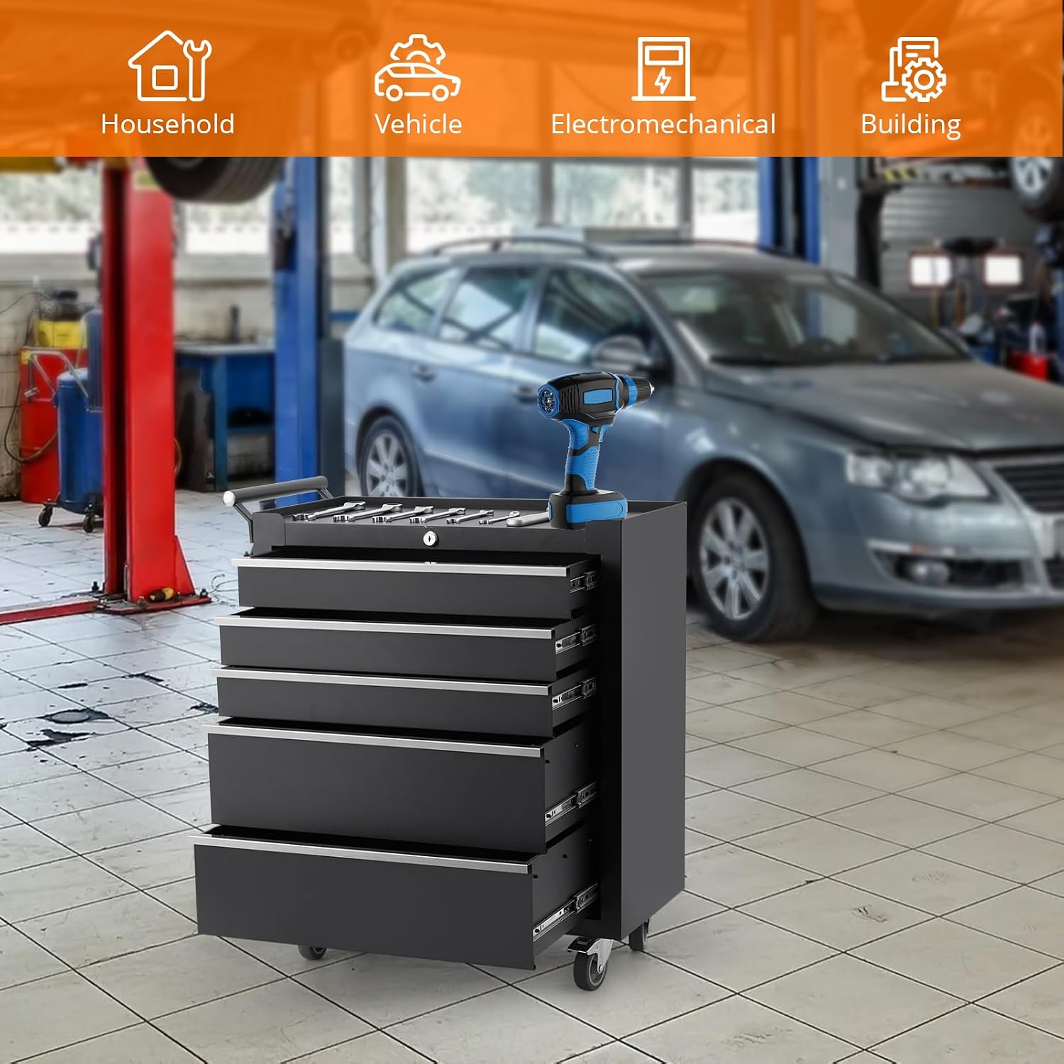 5-Drawer Rolling Tool Chest on Wheels, 24 Inch Compartment Tool Box with Drawers & Lock, Metal Tool Cart Storage Cabinet for Garage, Warehouse, Workshop, Repair Shop