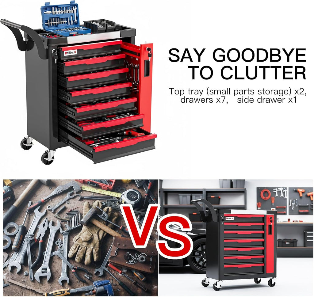 Tool Chest 7-Drawer | Rolling Tool Chest with Wheels/Side Drawer | Drawers Integrated Lockable | Tool Cart/Cabinet with Drawers for Garage Storage,Workshop | Safety Rounded Corner Anti-collision | Red