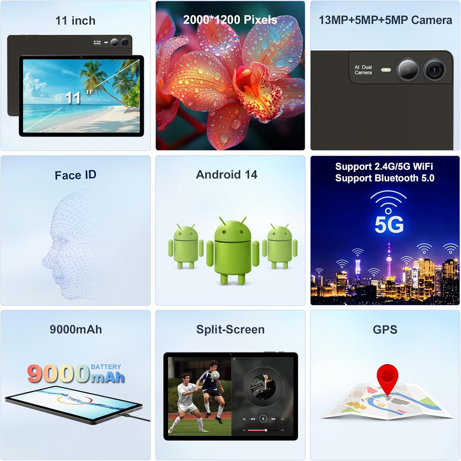 2026 Latest 11 inch Android Tablet, 18GB RAM, 128GB ROM, 1TB Expand, 2K Display, T616 Octa-Core, 5G WiFi, 13MP+5MP+5MP Camera, GPS, 9000mAh, Tablet with Keyboard/Case/Pen, Quad Speakers