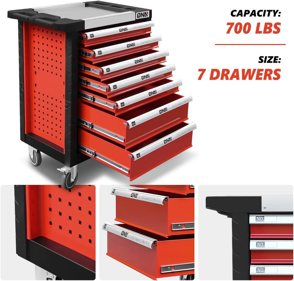 DNA Motoring 7-Drawer Rolling Tools Chest, Rolling Tool Storage Cabinet, Heavy Duty Mechanic Tool Cart, Trolley Organizer for Garage, Warehouse, Workshop, w/Keys, Red, Upgrade Package, TOOLS-10001