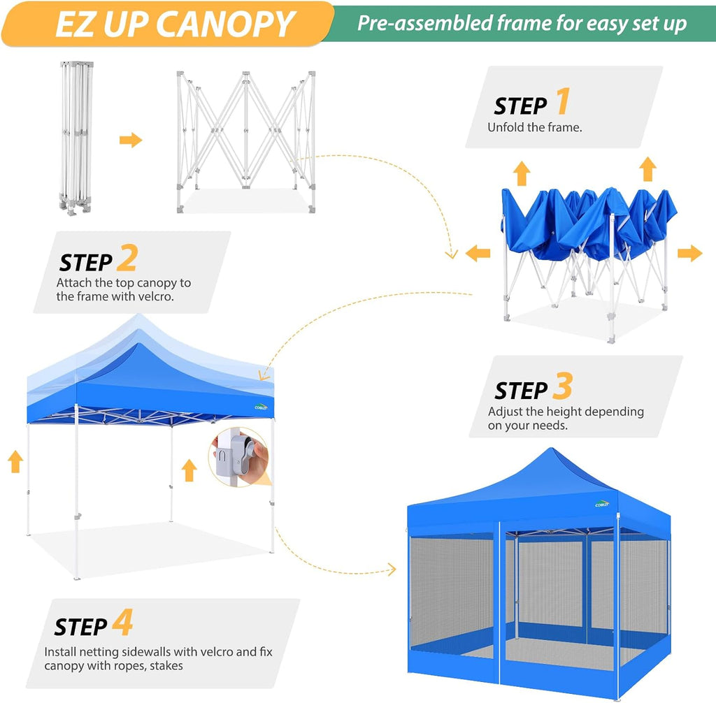 COBIZI 10x10 Canopy Tent with 4 Sidewalls,Heavy Duty Pop up Canopy with Mosquito Netting,Easy up Screen Tent for Parties Wedding Outdoor Camping with Handbag,Blue