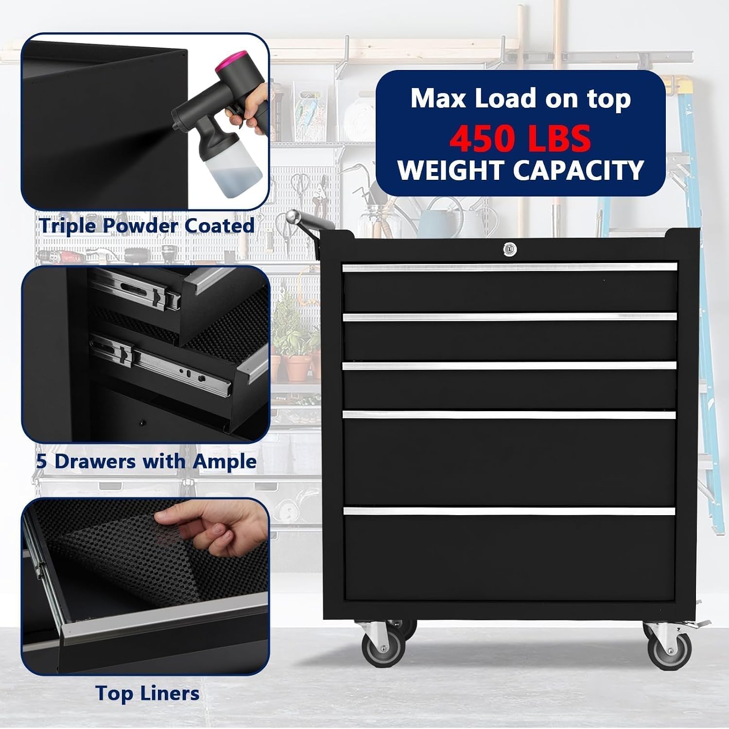 Tool Chest with Wheels, 4 Drawer Rolling Tool Storage Cabinet Cart, Portable Toolbox Organizer with Locking System, Drawer Liners for Garage, Workshop, Shop, Mechanic, Black