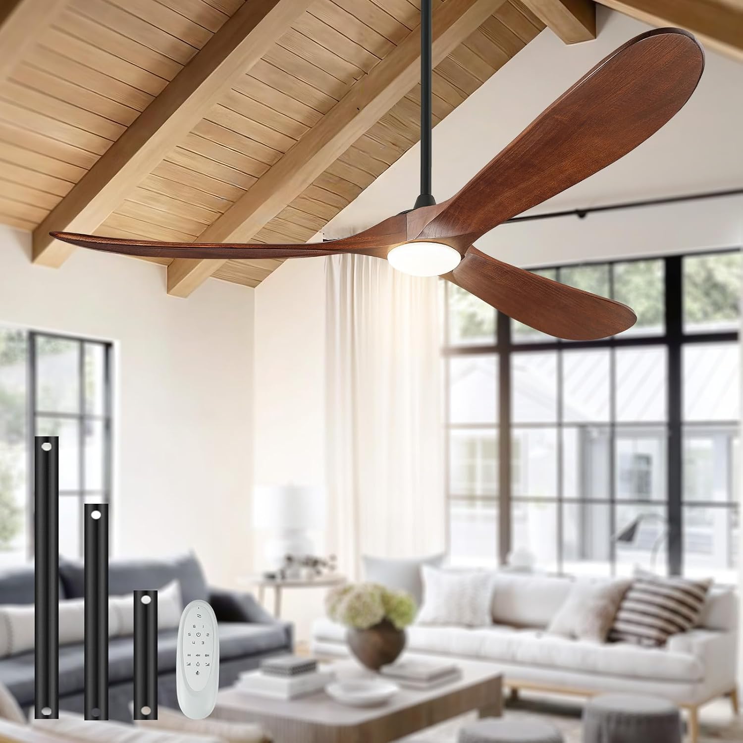 72' Outdoor Ceiling Fans with Lights and Remote Control, Large Ceiling Fan with Lights High CFM Quiet 3 Blades Propeller Wood Ceiling Fan, Outdoor Fan for Patio Porch Gazebo,Deep Walnut