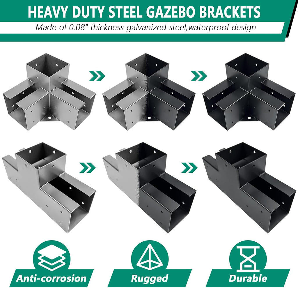 Pergola Bracket kit,3-Way Right Angle Corner & T-Shaped Flat Bracket for 4' x 4' (Actual: 3.5' x3.5'') Wood Beam for Outdoor Gazebos,Patio Pergolas,Log Cabins - 6Pack