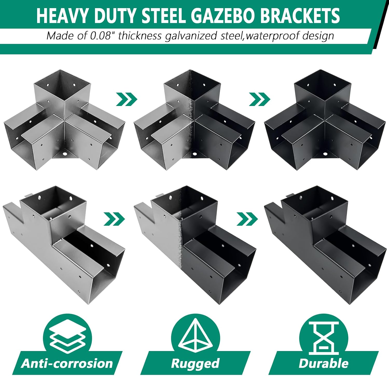 Pergola Bracket kit,3-Way Right Angle Corner & T-Shaped Flat Bracket for 4' x 4' (Actual: 3.5' x3.5'') Wood Beam for Outdoor Gazebos,Patio Pergolas,Log Cabins - 6Pack