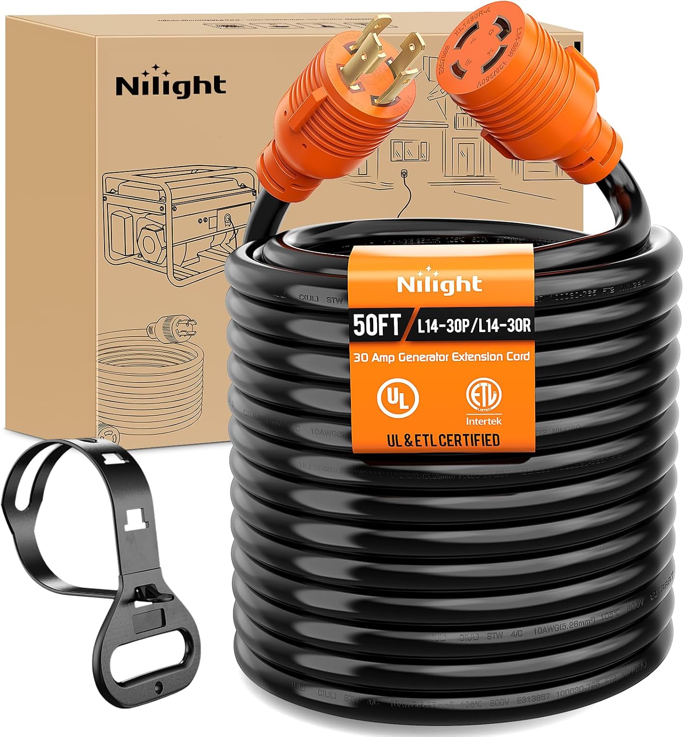 Nilight 30 Amp 50FT Generator Extension Cord 125/250V 7500 Watt Heavy Duty 10 Gauge Pure Copper STW Wire ETL Listed 4 Prong L14-30P L14-30R Cable for RV Camper Outdoor Use
