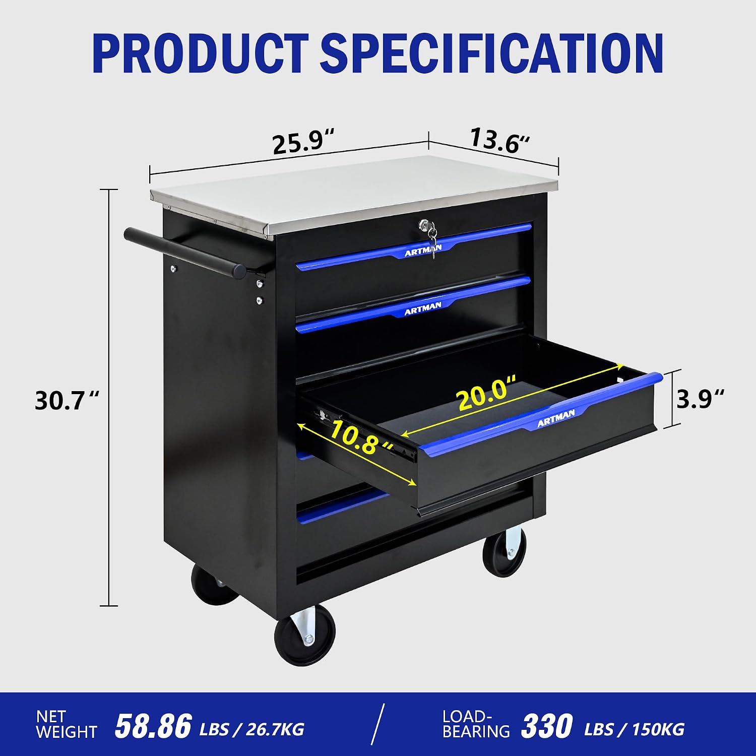 5 Drawers Rolling Tool Box on Wheels, Stainless Steel Countertop Multifunctional Tool Chest Cabinet with Lock, Drawers Rolling Tool Cart Trolley Organizer Tool Storage Case for Garage,Warehouse