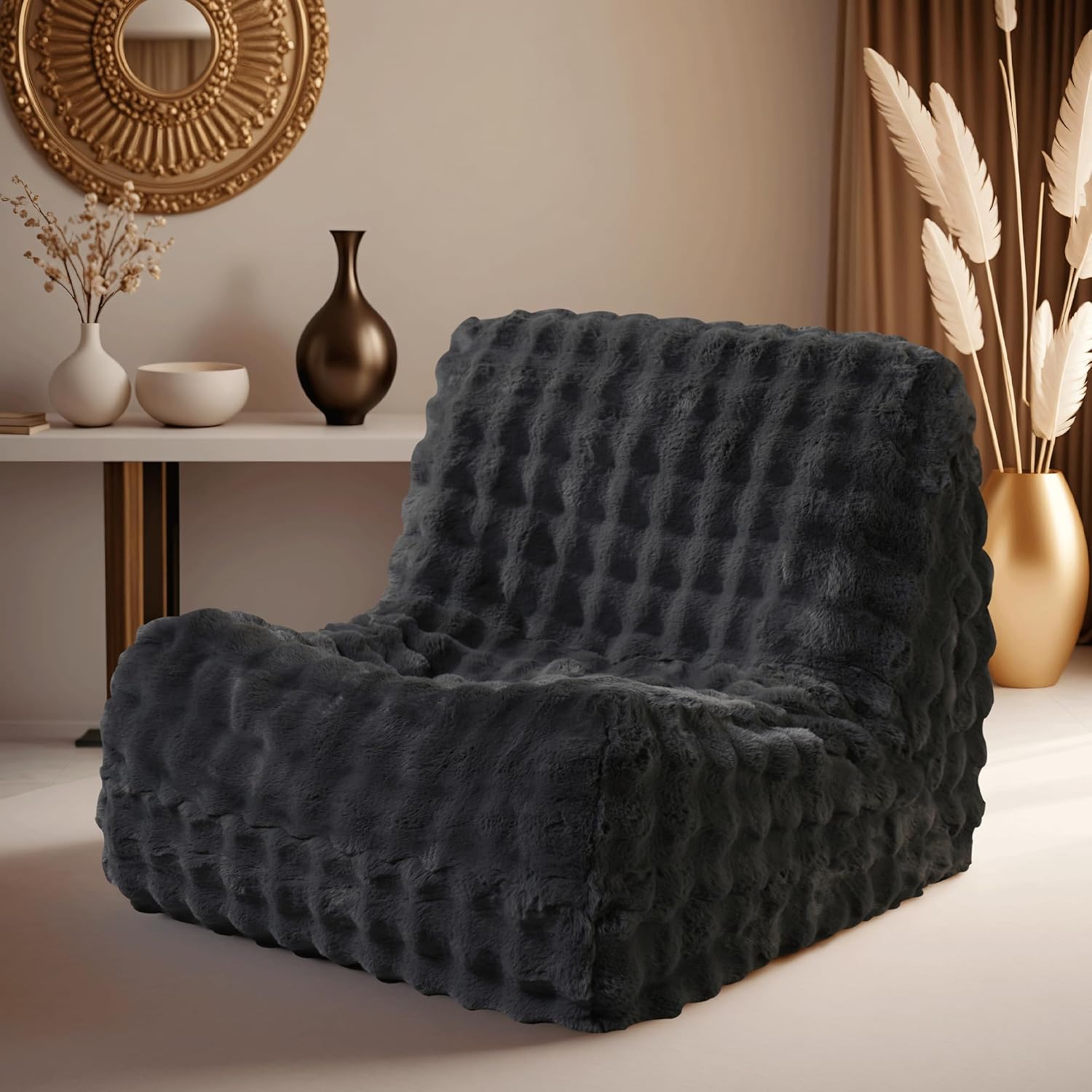 ovios Bean Bag Chair for Adult, Giant Beanbag with Plush Faux Fur, Comfy Large Big Lounger Floor Lazy Chair for Indoor Fireside Living Room Bedroom Dorm, Dark Grey