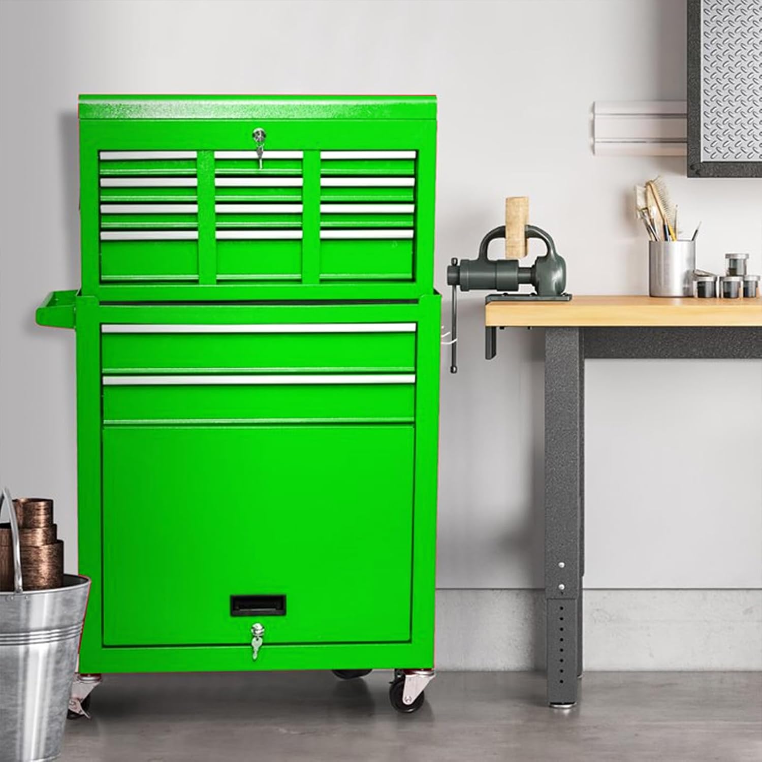 Dawmilon 8-Drawer Rolling Tool Chest, 2-in-1 Detachable Tool Box Cabinet with Wheels, Lockable Metal Tool Storage with Liners for Garage Workshop, Green