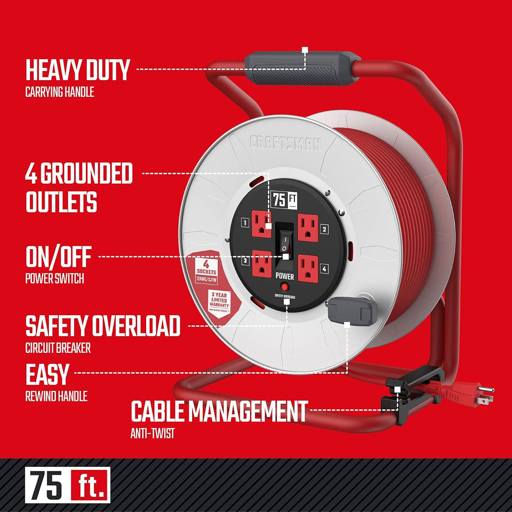 CRAFTSMAN 75 Ft. Contractor Retractable Extension Cord Reel with 4 Grounded Outlets, Heavy-Duty Steel Drum, 12AWG SJTW Cable, CSA Certified